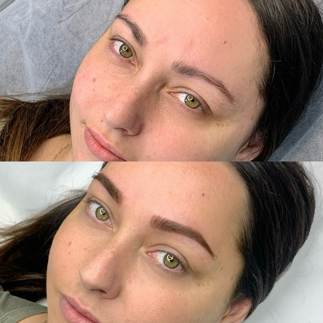 Before and after a client receives eyebrow tattoos