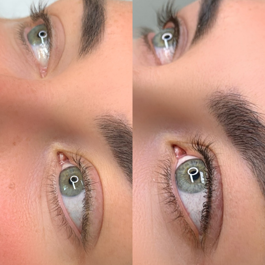 A client before and after recieving a lash line enhancement tattoo